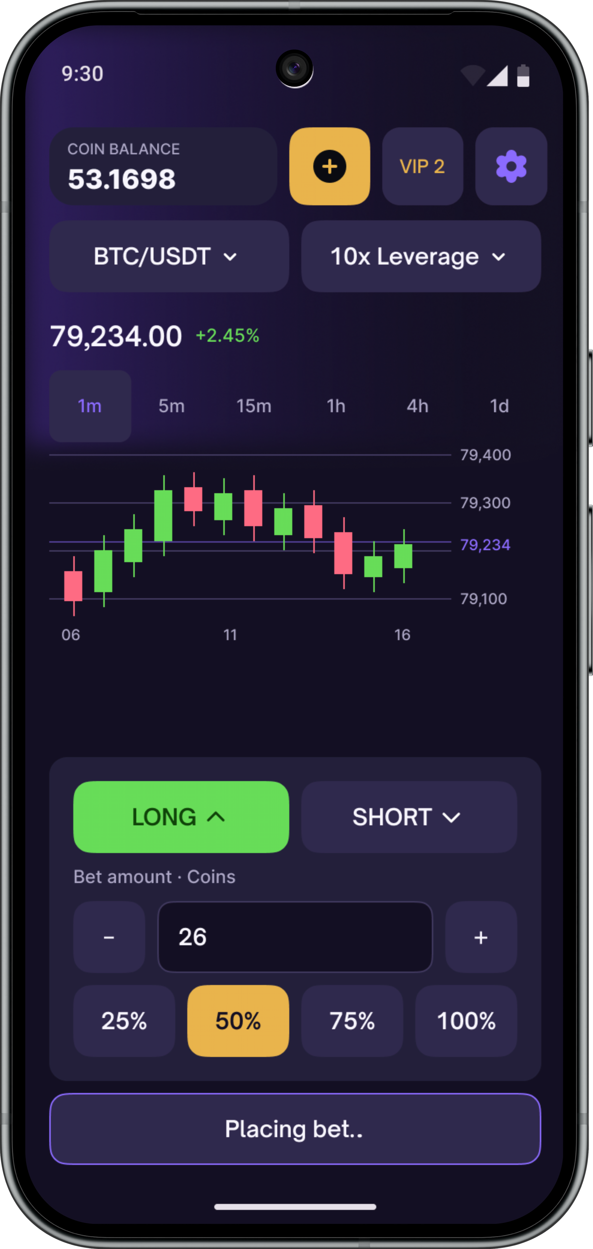 Trading screen with a virtual bet